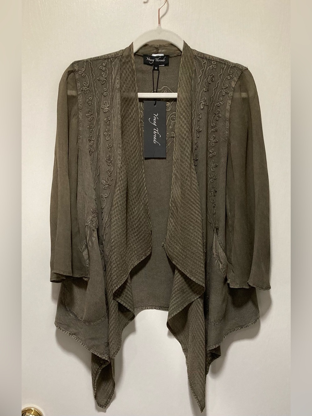 Young Threads Olive Embroidered Asymmetric Open-Front Cardigan